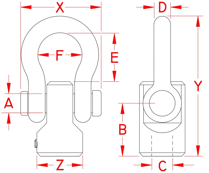 Stainless Steel Anchor Base with Shackle, S0116-HD07, S0116-HD08, S0116-HD10, S0116-HD12, S0116-HD13, S0116-HD16, S0116-HD20, S0116-HD22, S0116-HD25, Line Drawing